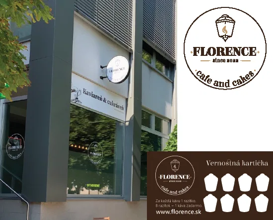 Florence Café – označenie prevádzky a vernostná kartička